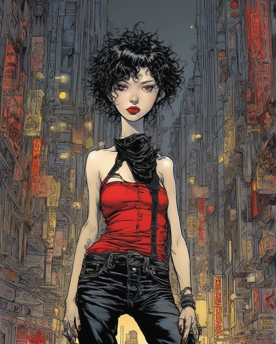 a full-body, high-resolution anime style of a rebellious teenage female punk rocker with short curly black hair, thin face, intense red lips, sleeveless black top, and tight black denim pants, inspired by the works of Yoshiaki Kawajiri, vibrant and edgy, with dramatic lighting and dynamic composition, ((by Philippe Druillet)) 