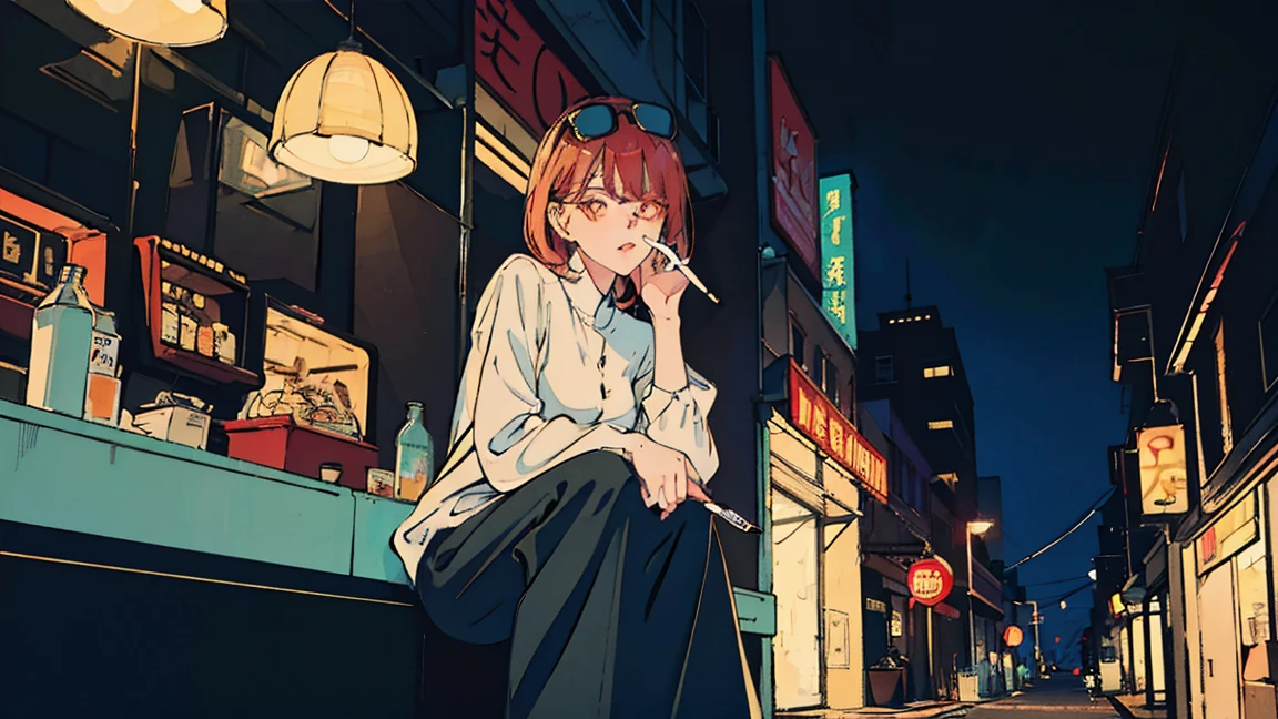 Beautiful redhead Asian girl sitting in a diner at night, Visible from the window, Perfect Face, sunglasses, Smoking white Taylormade cigarettes, Neon Black, (Backlight: 1.1), Hard Shadows, masterpiece, highest quality, Complex, Model shooting style, Vintage, Film Grain, Incomplete details