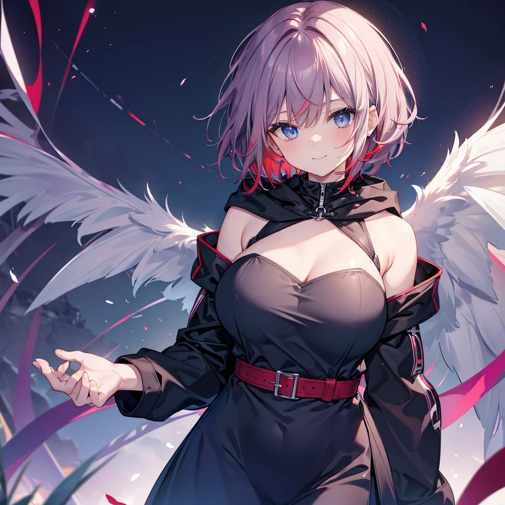 (((red)))　(((Gray Hair　short hair　blue eyes　woman　Large Breasts　smile)))，((Give a hand　My own big wings))，(Wearing a hood　Black camisole　Purple light　Cute pose)，　Shining Background　Shining Edges