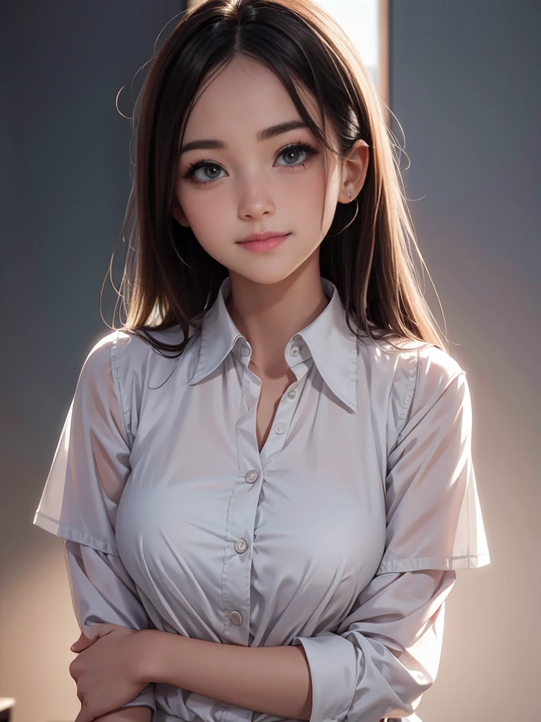 raw photo, 1girl, cute face, beautiful face, medium breast, collared blouse, White blouse, light smile, Upper body, detailed skin, pore, simple background, photorealistic, anatomically correct, masterpiece, best quality, UHD