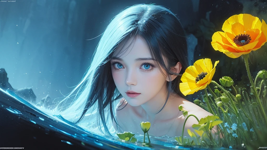 32k, Masterpiece, Highest quality, One girl, Detailed eyes, flower,Iceland Poppy, Blue and yellow style,A dreamy, romantic piece,Pale yellow, Mysterious Leaves,A playful arrangement,Fantasy,High Contrast,Ink strokes,explosion,Exposure, Impression of blue and yellow tones,Abstract,((Watercolours by John Berkey and Jeremy Mann )) Brush strokes,Negative Space, Tyndall effect,