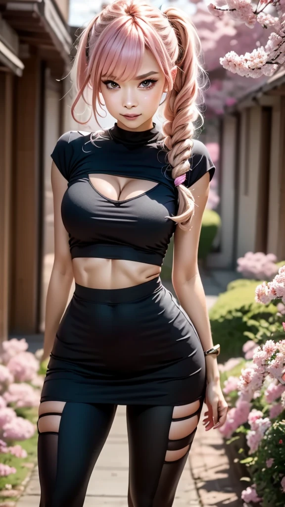 extremely detailed CG unity 8k wallpaper, best quality, ultra-detailed, masterpiece, realistic, photo realistic, blush, parted lips, looking at viewer , half body shot , (Perona One Piece), ping long hair, blushing, beautiful face, embarrassed face, standing, arms behind head, cute face, goth outfit, twintails, outdoor, sakura blossom, stripe legging, skirt, smile at viewer,