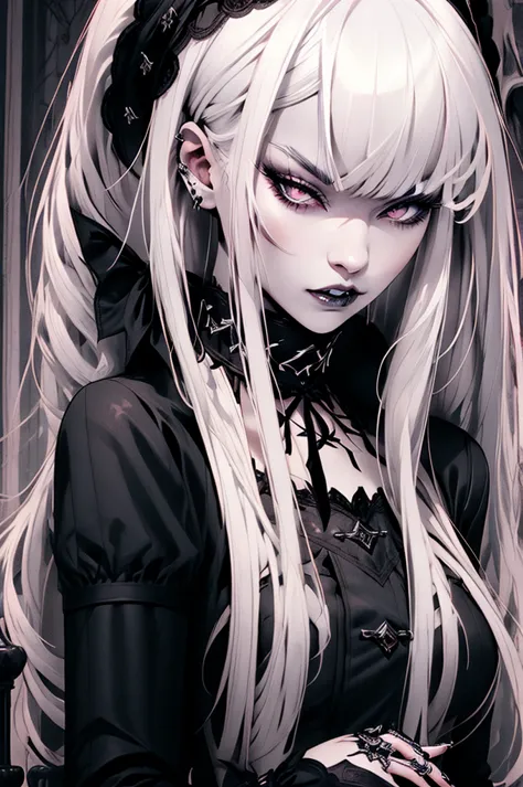 gothic lolita、white hair、slit eyes、thick lips、pointed canines、dark ruins、cigarette in one hand、high resolution、vivid subjects