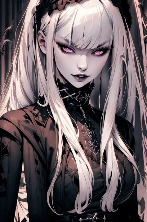 Gothic Lolita、White Hair、Slit eyes、thick lips、Pointed canines、Dark Ruins、Cigarette in one hand、high resolution、Vivid Subjects