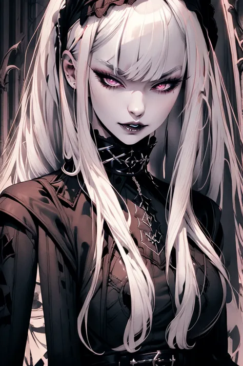 gothic lolita、white hair、slit eyes、thick lips、pointed canines、dark ruins、cigarette in one hand、high resolution、vivid subjects