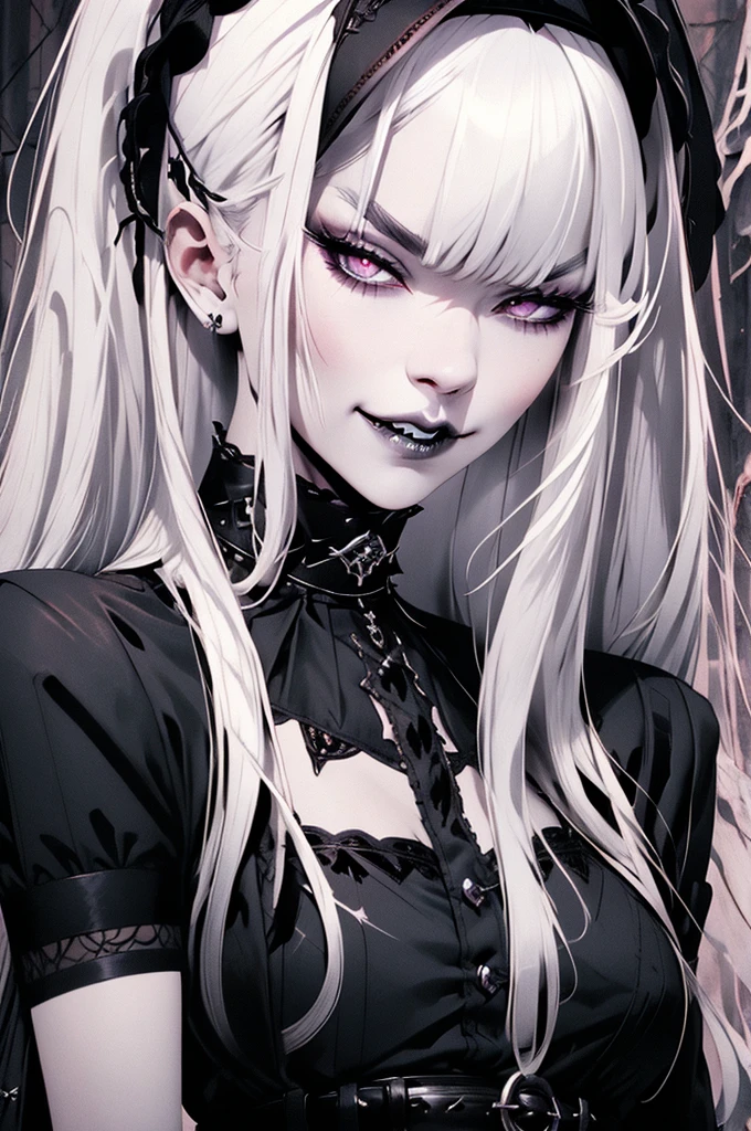 Gothic Lolita、White Hair、Slit eyes、thick lips、Pointed canines、Dark Ruins、Cigarette in one hand、high resolution、Vivid Subjects