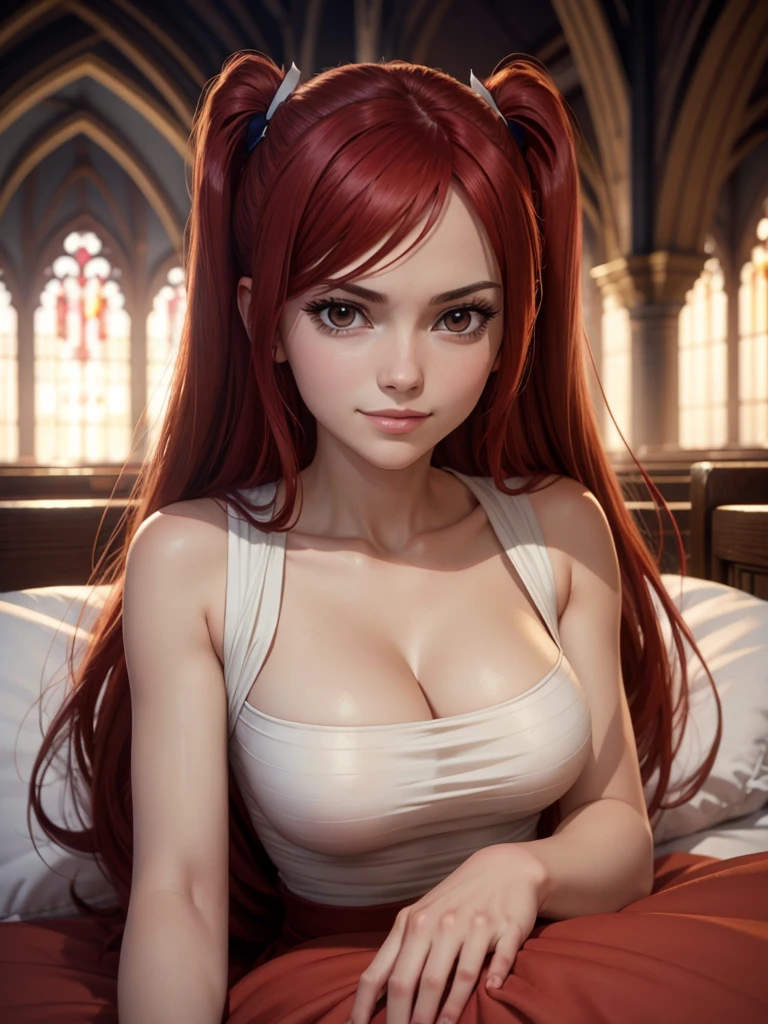 Full body picture of 1 girl: Erza Scarlet, smiling, laying down in bed wearing Rin Tohsaka outfit, in a room with huge church-like windows at night, ultra realistic, top quality, sexy picture