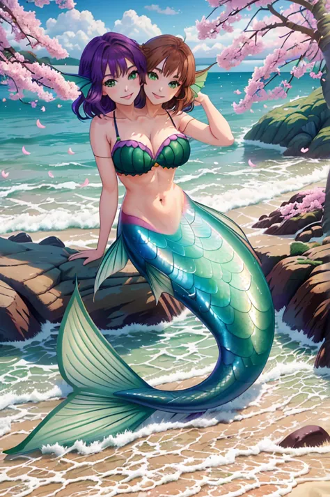 masterpiece, best quality:1.2), 1girl, smile, looking at viewer, green eyes, short brown hair, short green hair, mermaid, mermai...