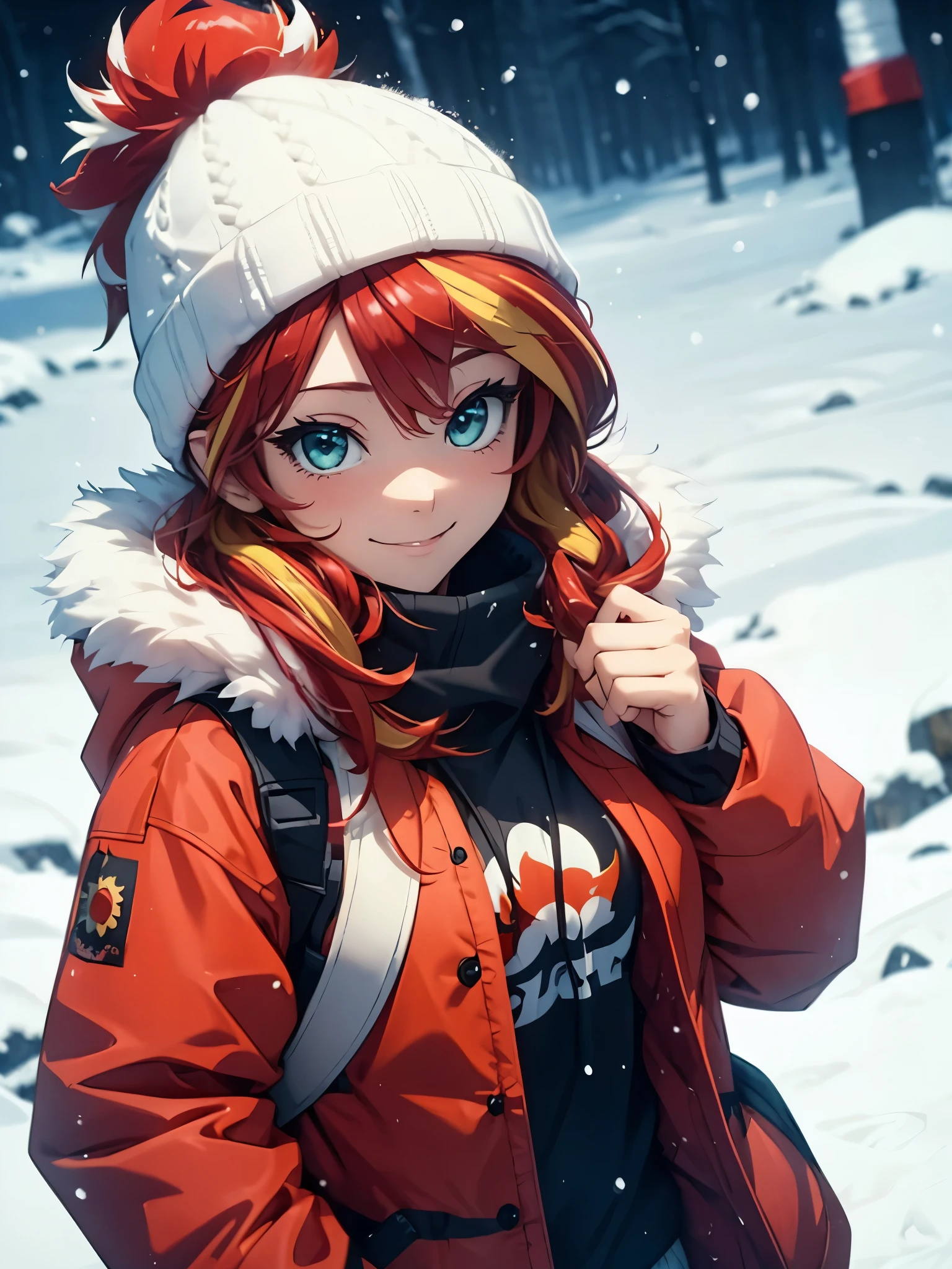 sunsethuman, female, two tones of hair, red and yellow hair, smiling, dressed warmly, in a snow storm, blizzard, white-out, warm hat