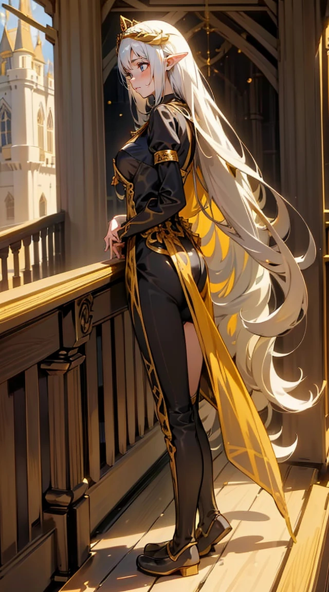 1 girl,20 years,One,happy face,black and gold long dress,middle ,White hair,long hair,yellow eyes,Elf Ears, black small horns,white tights,Detailed long boots,golden tiara,Luxurious gold jewelry,(((standing on the porch of the castle)))