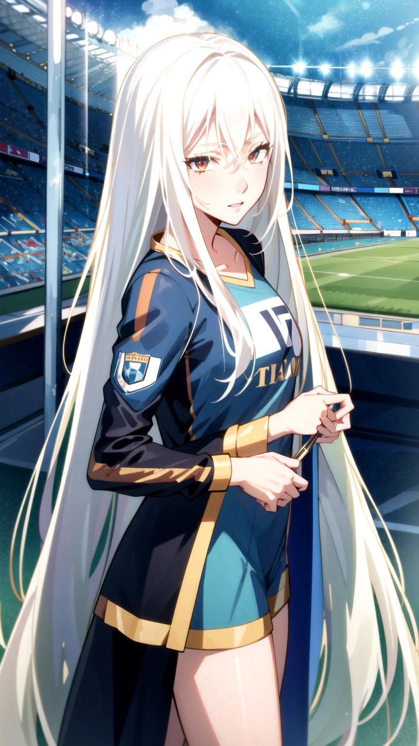 Masterpiece, best quality, very detailed, Ultra high resolution, (photorealistic:1.4), raw photos, (realistic:0.2), 1 girl, alone, long hair,,8k hdr, 1 girl,white hair,red eyes,  medium-large breast, bright eyes, , medium-small breasts,Wearing a Man City shirt, football field stage