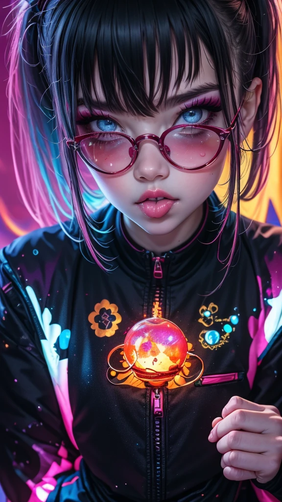 upper body, 1girl, loli, solo, Eye focus,Masterfully crafted Glow, pink lens flare, Cinematic background,colourful, hyper details, hdr, ultra detailed eyes, mature, plump, rainbow painting drops,(supermodel:1.3), indoors, (bioluminescent hair:1.1),(glowing eyes),  ((makeup)), fierce, powerful, splashes of colour absolutely eye-catching, dynamic angle, beautiful detailed glow, ambient occlusion, ambient light, raytraced reflections, retro style, living arcade characters, arcade style world, gloves, jacket,weapon, shorts, black gloves, black jacket, drill hair, black shorts, eye wear on head, bubble blowing, chewing gum, (Cute face:1.3),