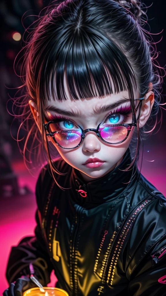 upper body, 1girl, loli, solo, Eye focus,Masterfully crafted Glow, pink lens flare, Cinematic background,colourful, hyper details, hdr, ultra detailed eyes, mature, plump, rainbow painting drops,(supermodel:1.3), indoors, (bioluminescent hair:1.1),(glowing eyes),  ((makeup)), fierce, powerful, splashes of colour absolutely eye-catching, dynamic angle, beautiful detailed glow, ambient occlusion, ambient light, raytraced reflections, retro style, living arcade characters, arcade style world, gloves, jacket,weapon, shorts, black gloves, black jacket, drill hair, black shorts, eye wear on head, bubble blowing, chewing gum, (Cute face:1.3),