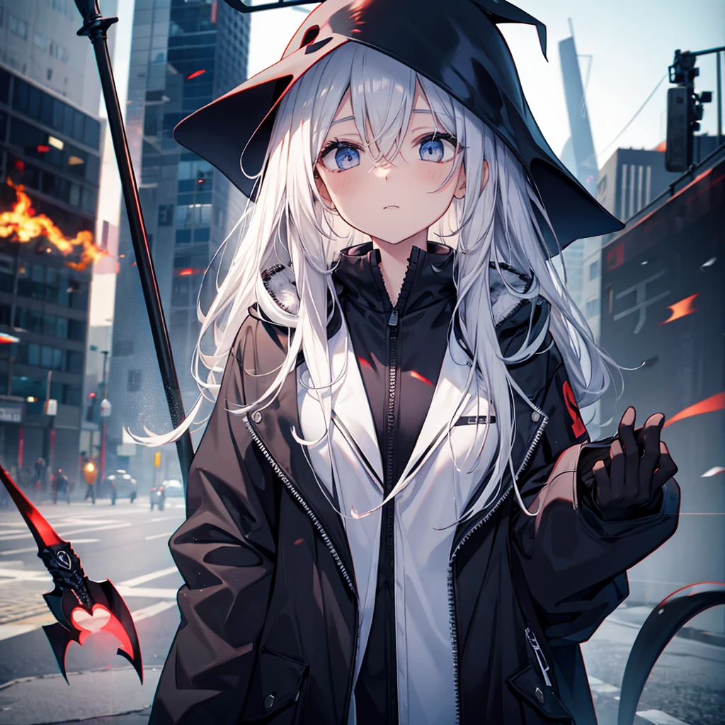 (((Grim Reaper&#39;s Scythe)))　(((Gray Hair　Short Hair　blue eyes　female　Close-up)))，((night　full moon　My own big wings))，(Wearing a hood　Black camisole　Purple light)，　A tense look　Shining Background　Shining Edge