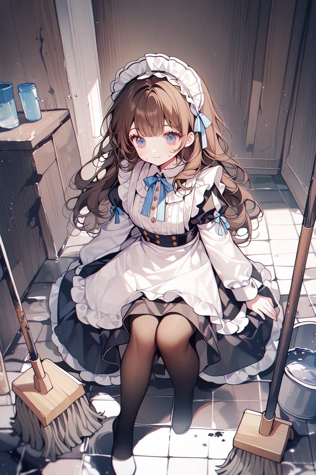 by ttosom, 1 girl, CuteStyle, upper body, blue eyes, brown hair, long hair with bangs, dressed in a long black maid dress, white apron, white sleeve cuffs, long sleeves, white maid headdress, transparent black tights, sitting on a black sofa, next to a mop and a bucket of water, white tiled floor, blood on the floor, indoors, black fog around the room, looking down, smile, sweat on the face, blush, detailed, top view, close, beautiful, delicate tones