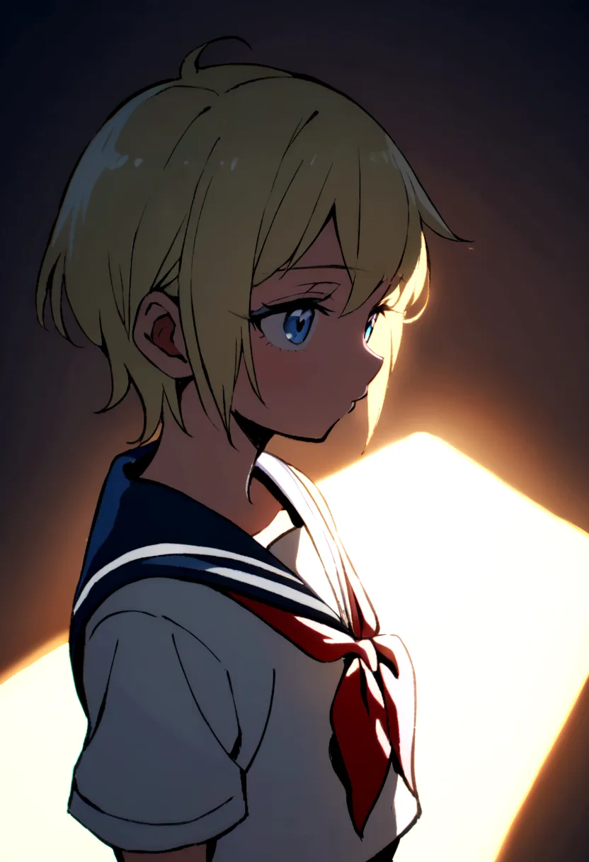 blonde,wolf cut. shota, sailor suit, sailor hat, blue eyes, tomboy, naughty
god tier lighting