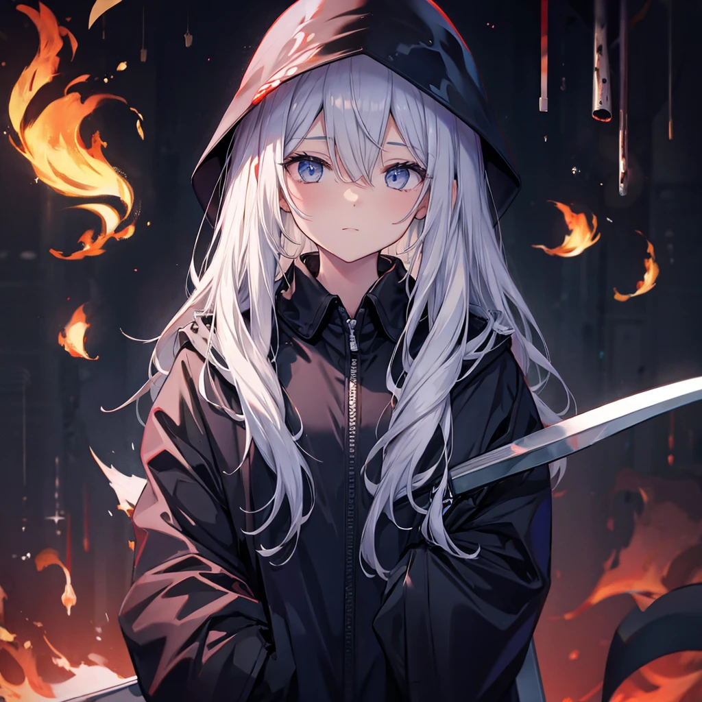 (((Grim Reaper&#39;s Scythe)))　(((Gray Hair　Short Hair　blue eyes　female　Close-up)))，((night　full moon　My own big wings))，(Wearing a hood　Black camisole　Purple light)，　A tense look　Shining Background　Shining Edge