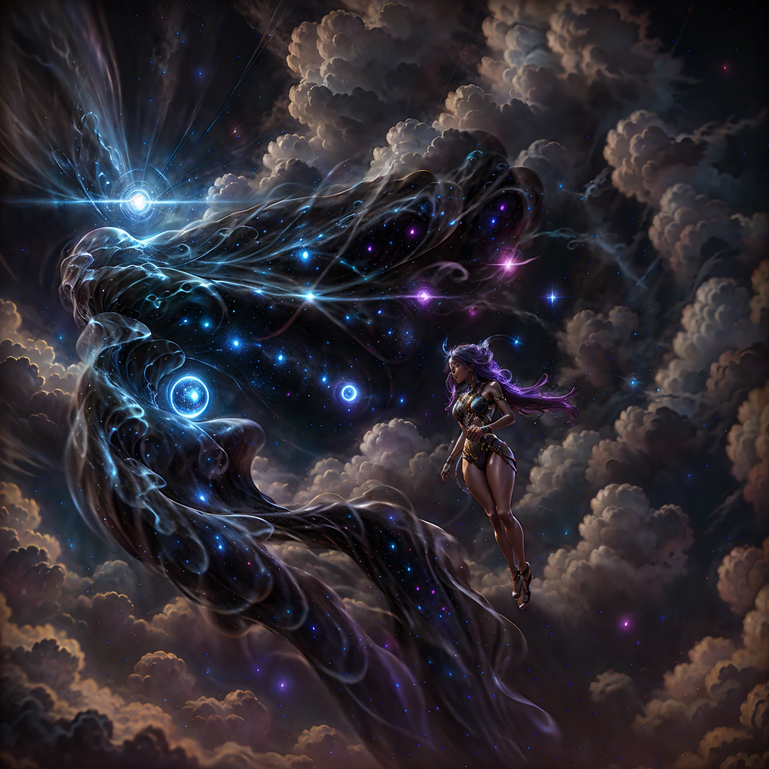 An artist's depiction of a celestial maiden, adult woman, astral, beautiful, celestial, cosmos, galaxy, space, stars, starry,starrystarscloudcolorful,Hair with scenery,in the style of t3xtn,iridescent, pearlescent,dark celestialskin body, void cosmic body, colored skin, flat color, jet black skin, silhouette,fantasy, art