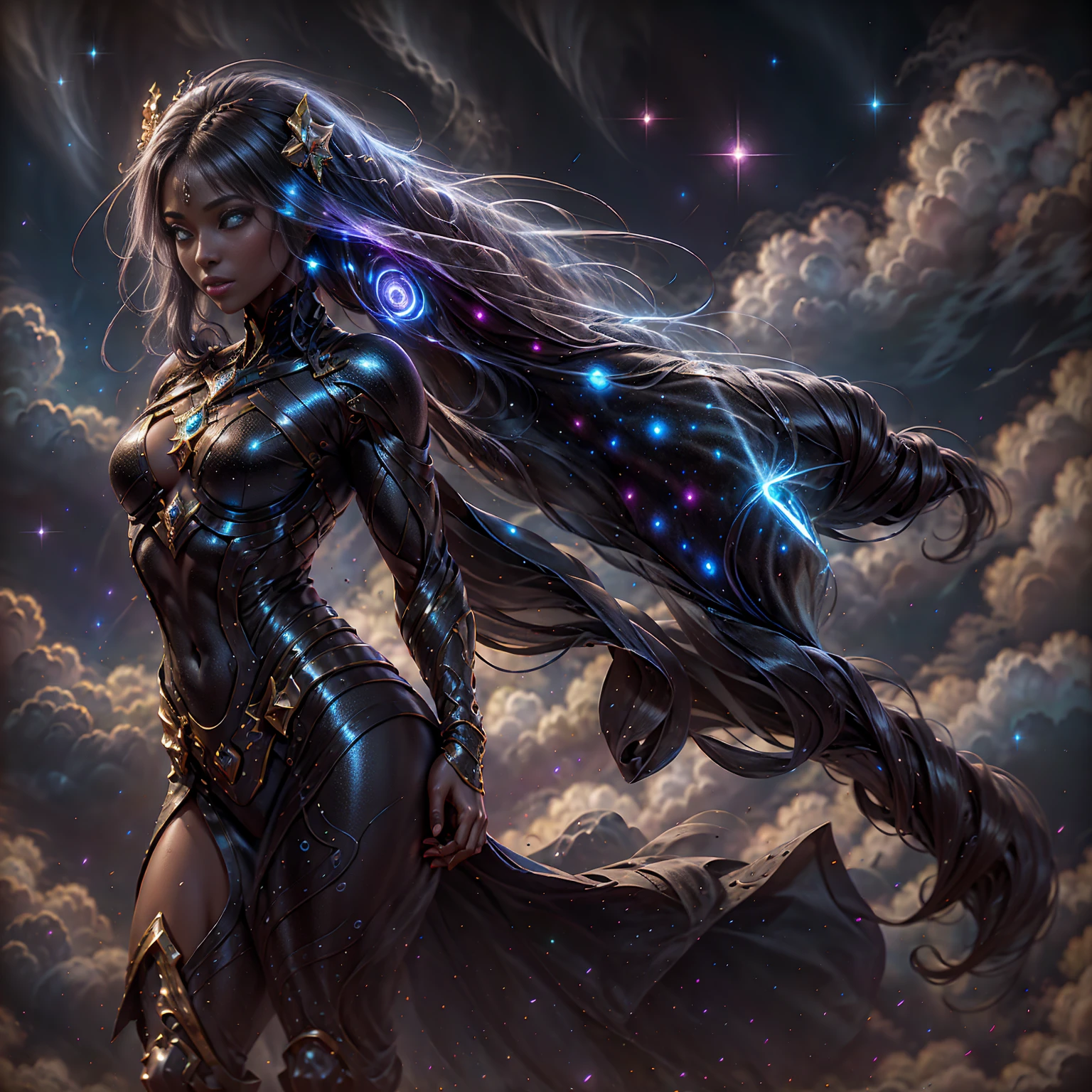 An artist's depiction of a celestial maiden, adult woman, astral, beautiful, celestial, cosmos, galaxy, space, stars, starry,starrystarscloudcolorful,Hair with scenery,in the style of t3xtn,iridescent, pearlescent,dark celestialskin body, void cosmic body, colored skin, flat color, jet black skin, silhouette,fantasy, art