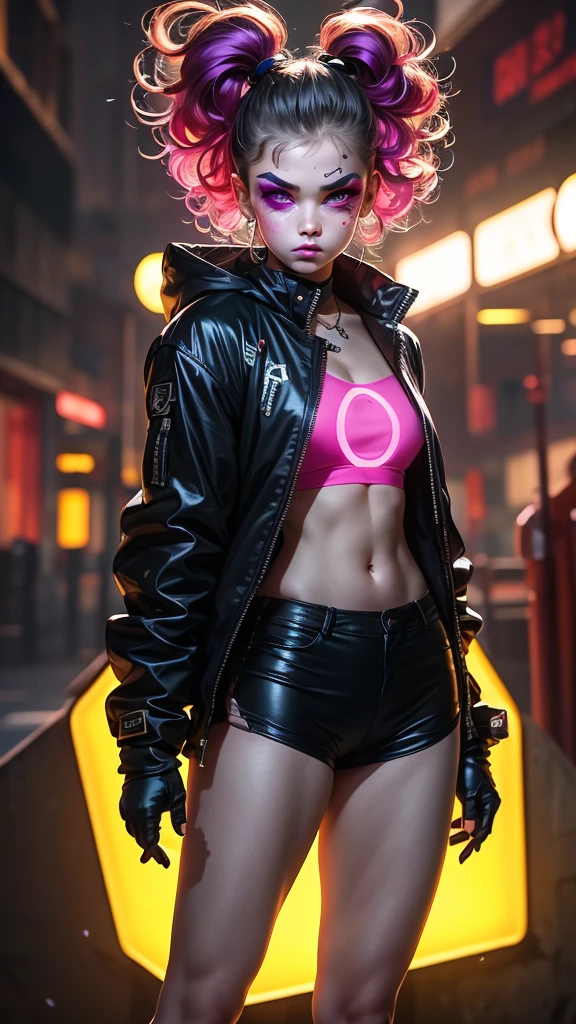 upper body, 1girl, loli, solo, Eye focus,Masterfully crafted Glow, pink lens flare, Cinematic background,colourful, hyper details, hdr, ultra detailed eyes, mature, plump, rainbow painting drops,(supermodel:1.3), indoors, (bioluminescent hair:1.1),(glowing eyes),  ((makeup)), fierce, powerful, splashes of colour absolutely eye-catching, dynamic angle, beautiful detailed glow, ambient occlusion, ambient light, raytraced reflections, retro style, living arcade characters, arcade style world, gloves, jacket,weapon, shorts, black gloves, black jacket, drill hair, black shorts, eye wear on head, bubble blowing, chewing gum, (Cute face:1.3),