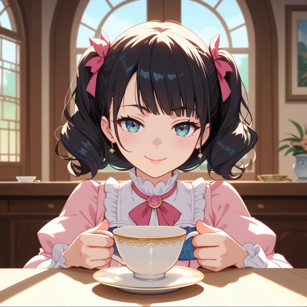 score_9, score_8_up, score_7_up, score_6_up, score_5_up, score_4_up, anime screencap, best quality, masterpiece, A pink T-Rex inside a teacup with more specific elements such as a detailed pattern on the teacup, a playful expression on the T-Rex's face, and a whimsical garden background.
