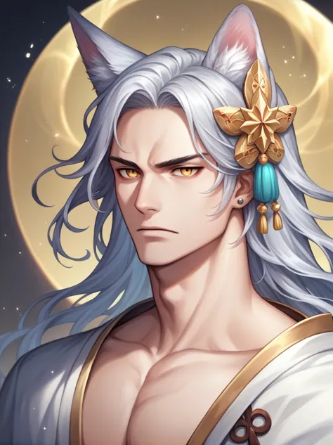 ((best quality)), ((masterpiece)), (detailed), ((perfect face))、miyabi,a man, long, flowing silver hair with delicate strands.
s...