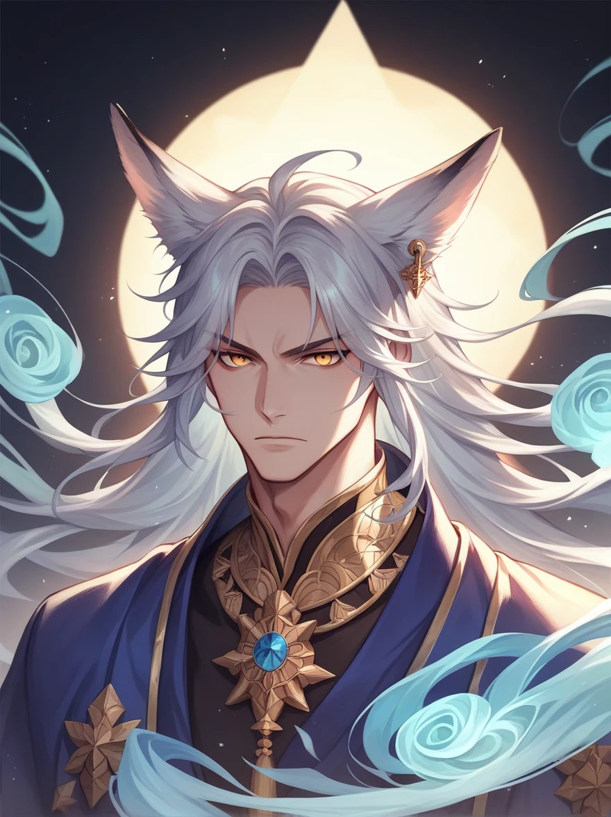 ((Best quality)), ((masterpiece)), (detailed), ((perfect face))、miyabi,a man, Long, flowing silver hair with delicate strands.
Sharp, piercing golden eyes. Fox ears on top of his head.
Serious and slightly mysterious.Pale and smooth.
Wears a robe that is slightly open at the chest, revealing part of his well-defined upper body.
The character exudes a sense of elegance and strength, with a calm and enigmatic aura. The lighting emphasizes his facial features and hair texture, creating a soft, almost ethereal glow.