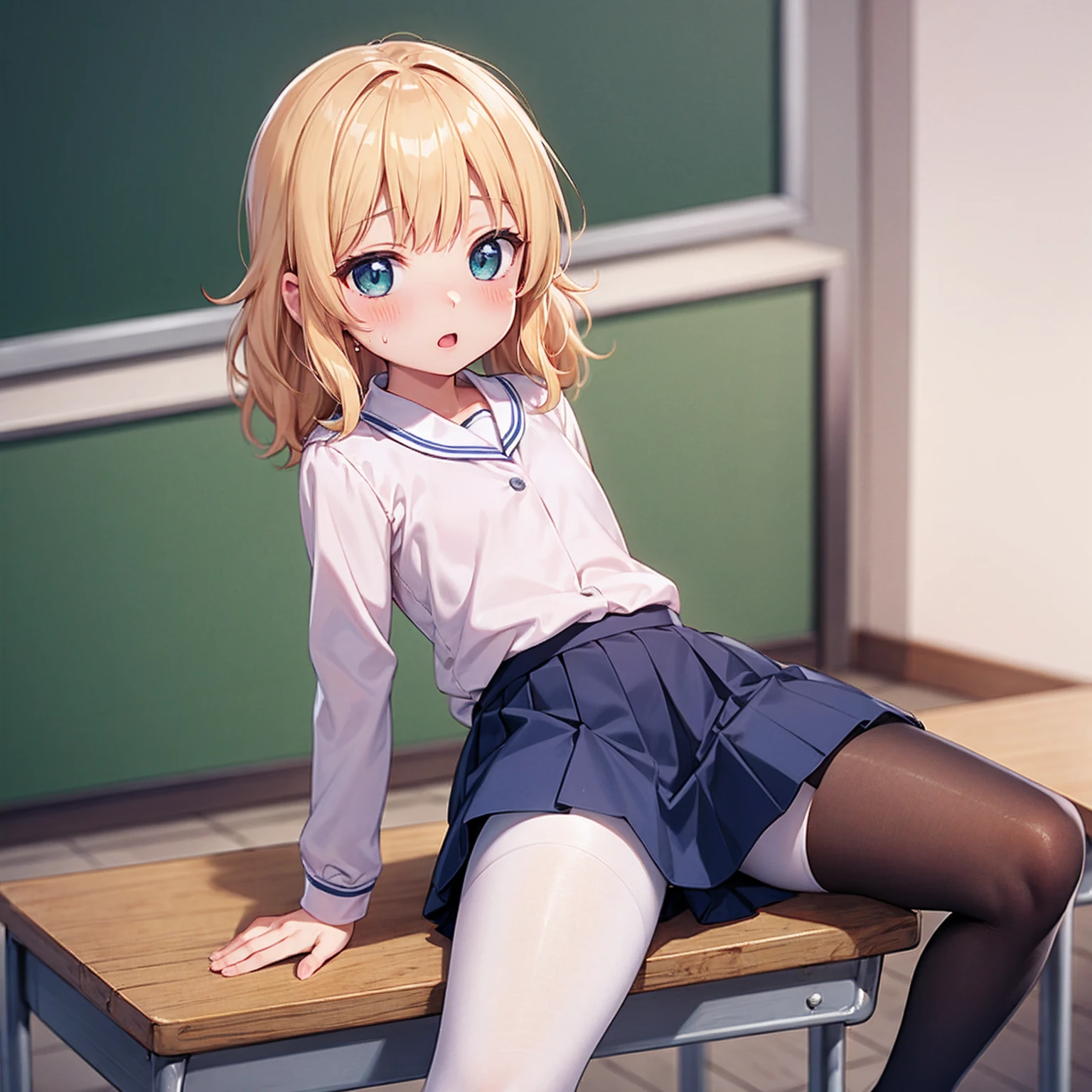 Highest quality,Highest quality,One Girl,One boy,((((10 years old)))),Flat Chest,orgasm,blush, Sweat, Sakurai Momoka,blonde,White Sarah Outfit,Navy Blue Skirt, It is not a pleated skirt,whole body,classroom, White Pantyhose、Navy Blue Skirtをめくる、Spread your legs