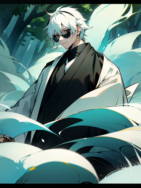 1male, black and white hair, sunglasses, black haori, forest