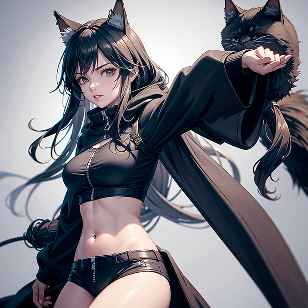 A highly detailed, realistic, photorealistic portrait of a young woman with long brown hair, wearing a black crop top and a large hooded jacket that is partially unzipped revealing her midriff, with cat ears and a large fluffy tail, looking forward with her hands outstretched, on a plain white background, masterpiece, best quality, 8k, ultra-detailed, physically-based rendering, vivid colors, cinematic lighting.