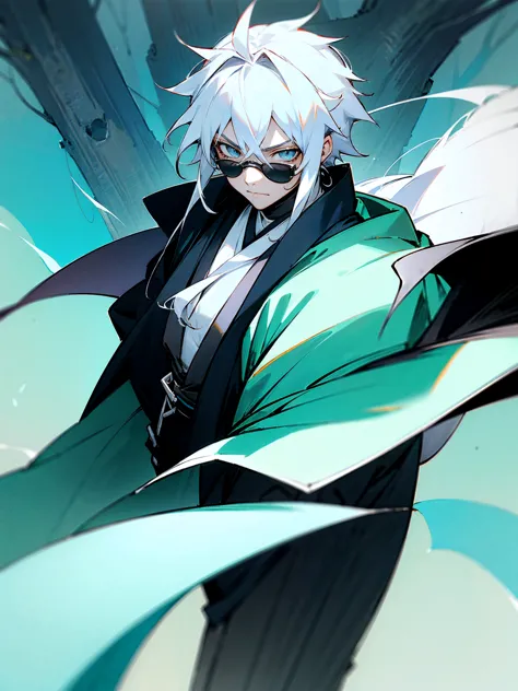 1male, black and white hair, sunglasses, black demon slayer haori, forest