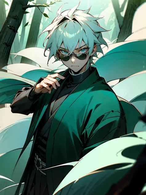 1male, black and white hair, sunglasses, black demon slayer haori, forest