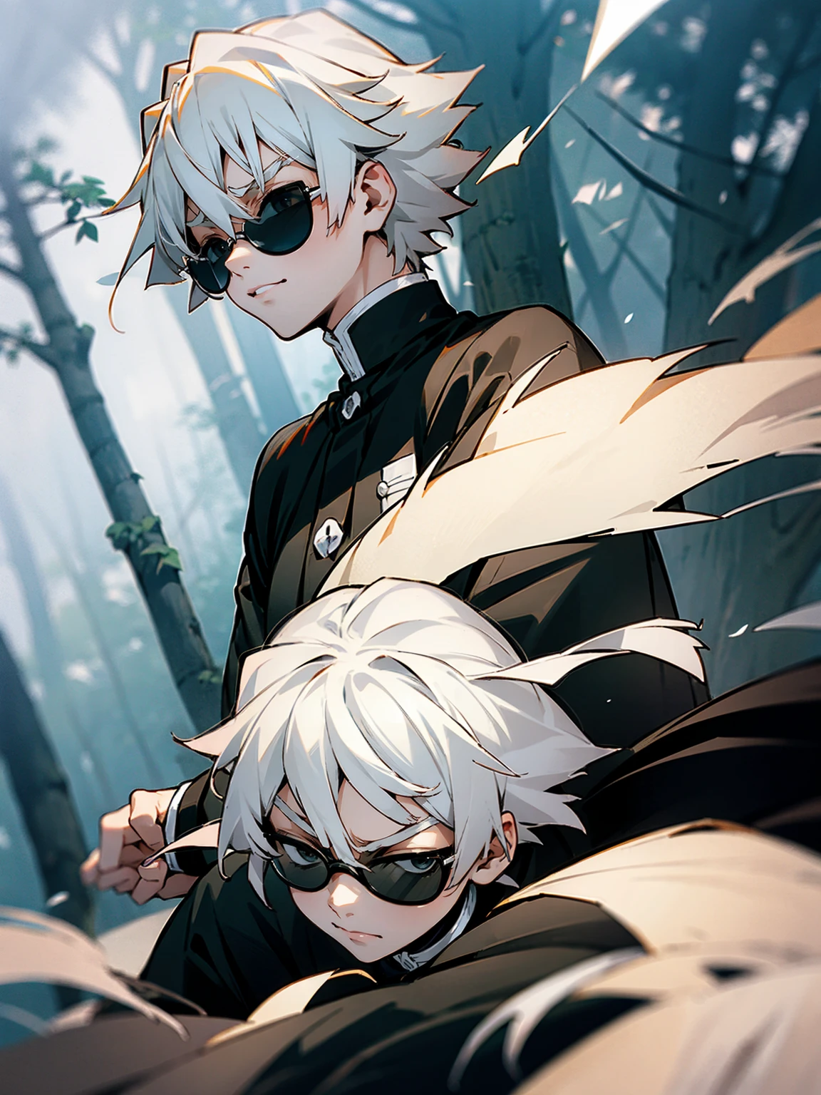 1male, black and white hair, sunglasses, black demon slayer haori, forest