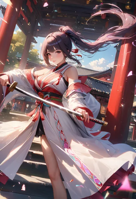 shrine grounds, clear sky with white clouds, shrine maiden, blur the background,young woman,ponytail,holding a japanese sword up...