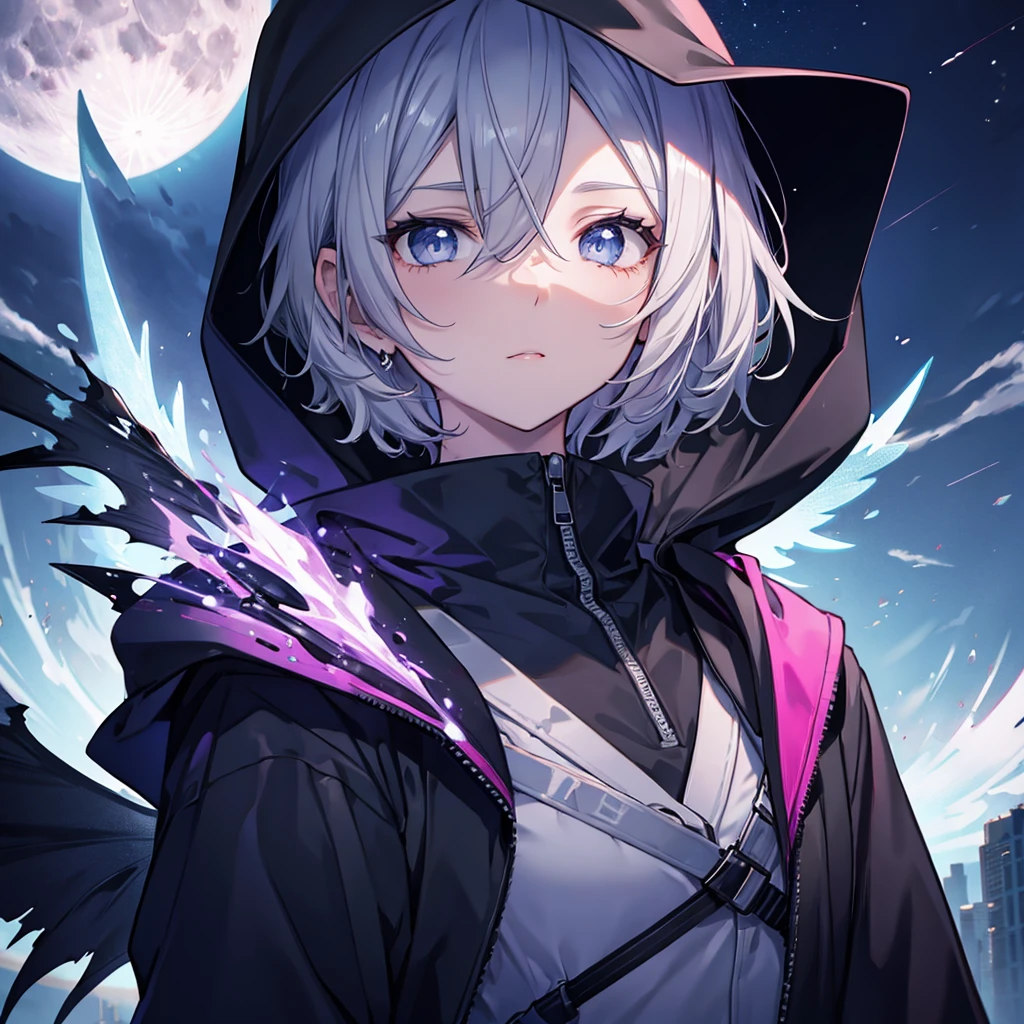 ((((grim Reaper　inflammation))))　(((Gray Hair　Short Hair　blue eyes　female　Close-up)))，((night　full moon　My own big wings))，(Wearing a hood　Black camisole　Purple light)，　A tense look　Shining Background　Shining Edge