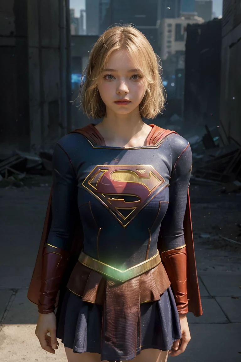 ((Best Quality)), ((Supergirl masterpiece)), (highly detailed: 1.3), 3D, Shitu-mecha, beautiful cyberpunk women with their mecha in the ruins of the city of a lost war, ancient technology, blonde with blue eyes, superman symbol S on the chest, (High Dynamic Range), Ray Tracing, NVIDIA RTX, Super-Resolution, Unreal 5, Subsurface Scattering, PBR Texturing, Post-processing, Anisotropic filtering, Depth of field,  Maximum clarity and sharpness, Multilayer textures, Albedo and specular maps, Surface shading, Accurate simulation of light-material interaction, Perfect proportions, Octane Render, two-tone lighting, Low ISO, white balance, rule of thirds, wide aperiature, 8K RAW, efficient sub-pixel, sub-pixel convolution, luminescent particles, light scattering, Tyndall effect