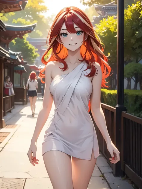 sunsethuman, female, two tones of hair, red and yellow hair, smiling, naked towel, walking through park