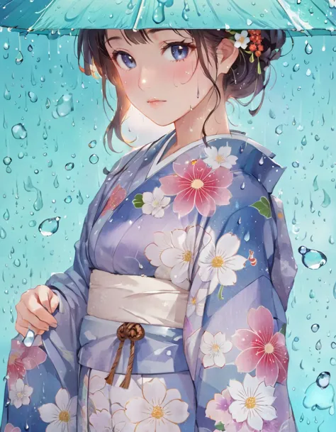 anime girl in blue kimono with flowers and raindrops, in kimono, in a kimono, inspired by shinsui ito, written by nobuzada yanag...