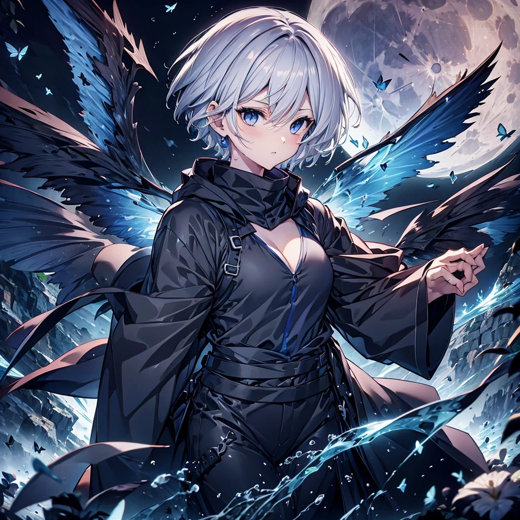 ((((grim Reaper　inflammation))))　(((Gray Hair　Short Hair　blue eyes　female　Close-up)))，((night　full moon　My own big wings))，(Wearing a hood　Black camisole　Purple light)，　A tense look　Shining Background　Shining Edge