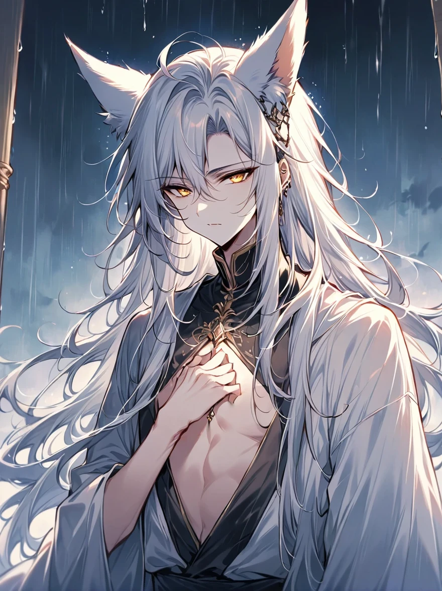 ((Best quality)), ((masterpiece)), (detailed), ((perfect face))、miyabi,a man, Long, flowing silver hair with delicate strands.
Sharp, piercing golden eyes. Fox ears on top of his head.
Serious and slightly mysterious.Pale and smooth.
Wears a robe that is slightly open at the chest, revealing part of his well-defined upper body.
The character exudes a sense of elegance and strength, with a calm and enigmatic aura. The lighting emphasizes his facial features and hair texture, creating a soft, almost ethereal glow.、He came to pick me up in the rain with an umbrella