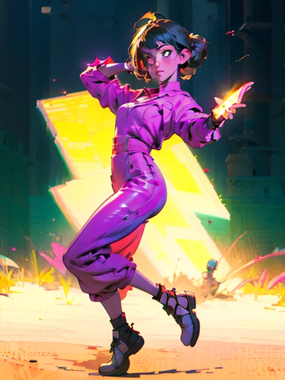 1girl, white jumpsuit, neon lines on clothing, cyberpunk, (best quality,4k,8k,highres,masterpiece:1.2),live stage, glowing line dress, oversized sunglasses, colorful punk hairstyle, full body portrait, dynamic dance
