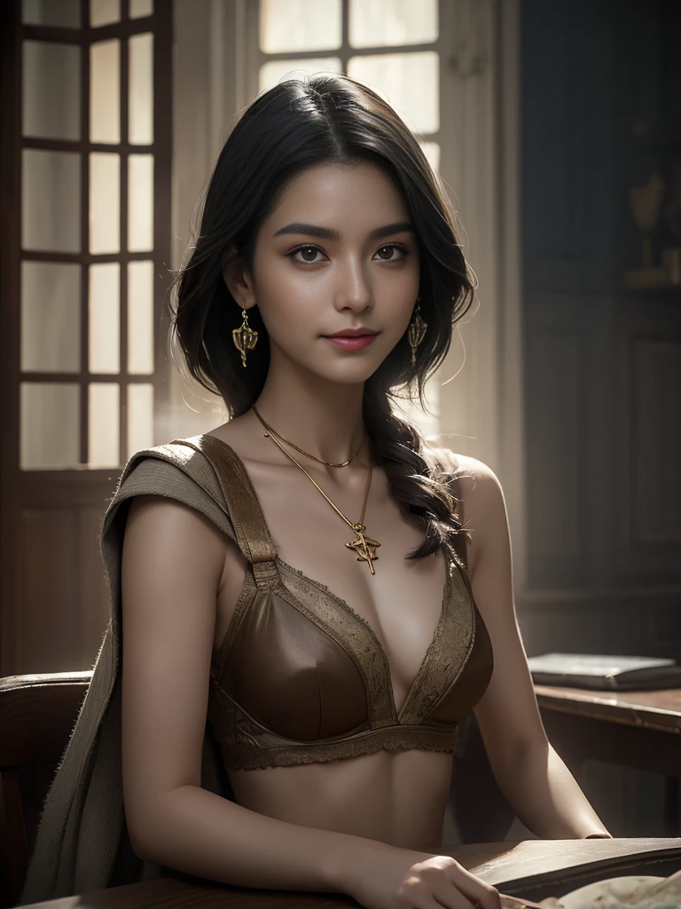 Bra is visible, Full body image, Highest quality,masterpiece,masterpiece portrait,Intricate details,Magnificent Light,Fantasy,Dungeons & dragon,Retro,priest,Dark Elf,One girl,Wooden table,Shoulder strap,Grey Skin,Elegant smile,squint,Close-up portrait of a Mycenaean Drow woman wearing gold jewelry, Spider:0.9, web:1.0, Fantasy, Volumetric lighting, コンセプトart, Brush Stroke Style, artステーション, trend, Very detailed, art：Greg Rutkowski  