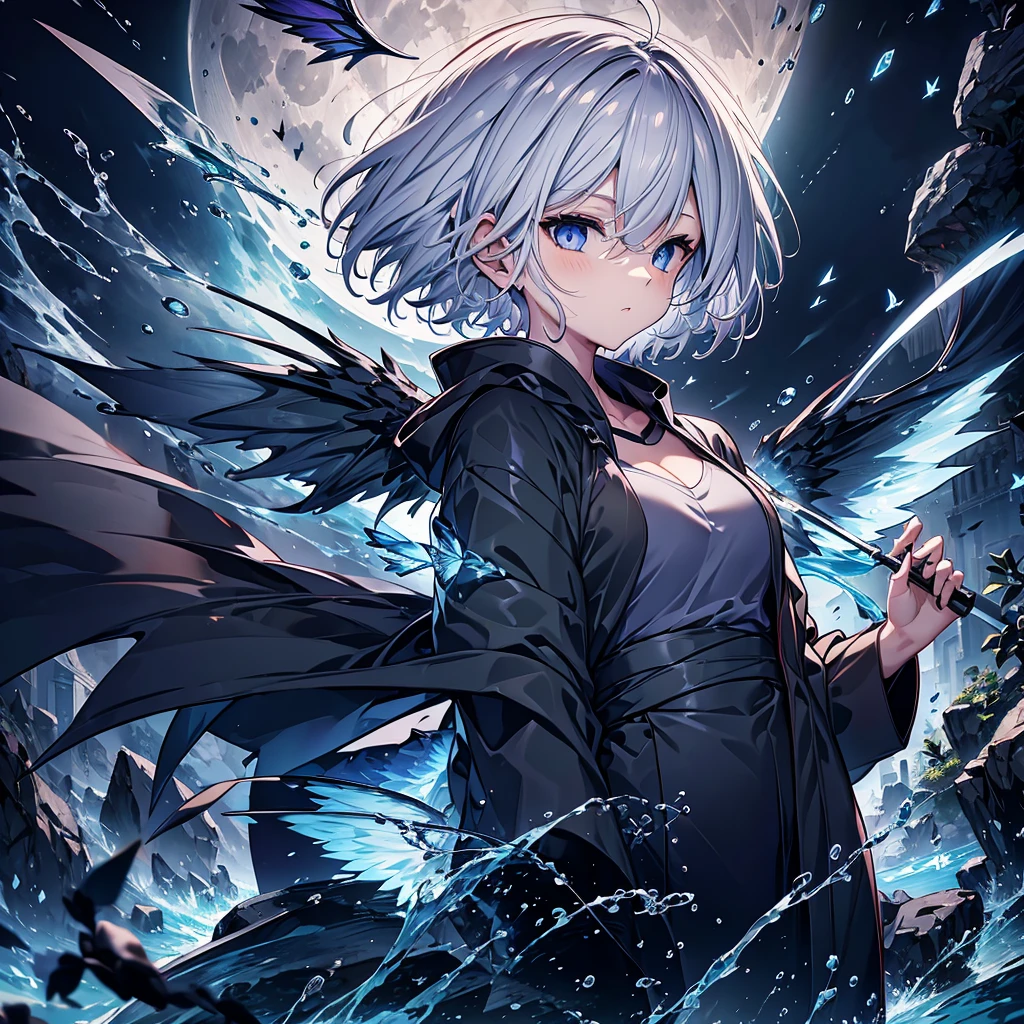 ((((grim Reaper　inflammation))))　(((Gray Hair　Short Hair　blue eyes　female　Close-up)))，((night　full moon　My own big wings))，(Wearing a hood　Black camisole　Purple light)，　A tense look　Shining Background　Shining Edge