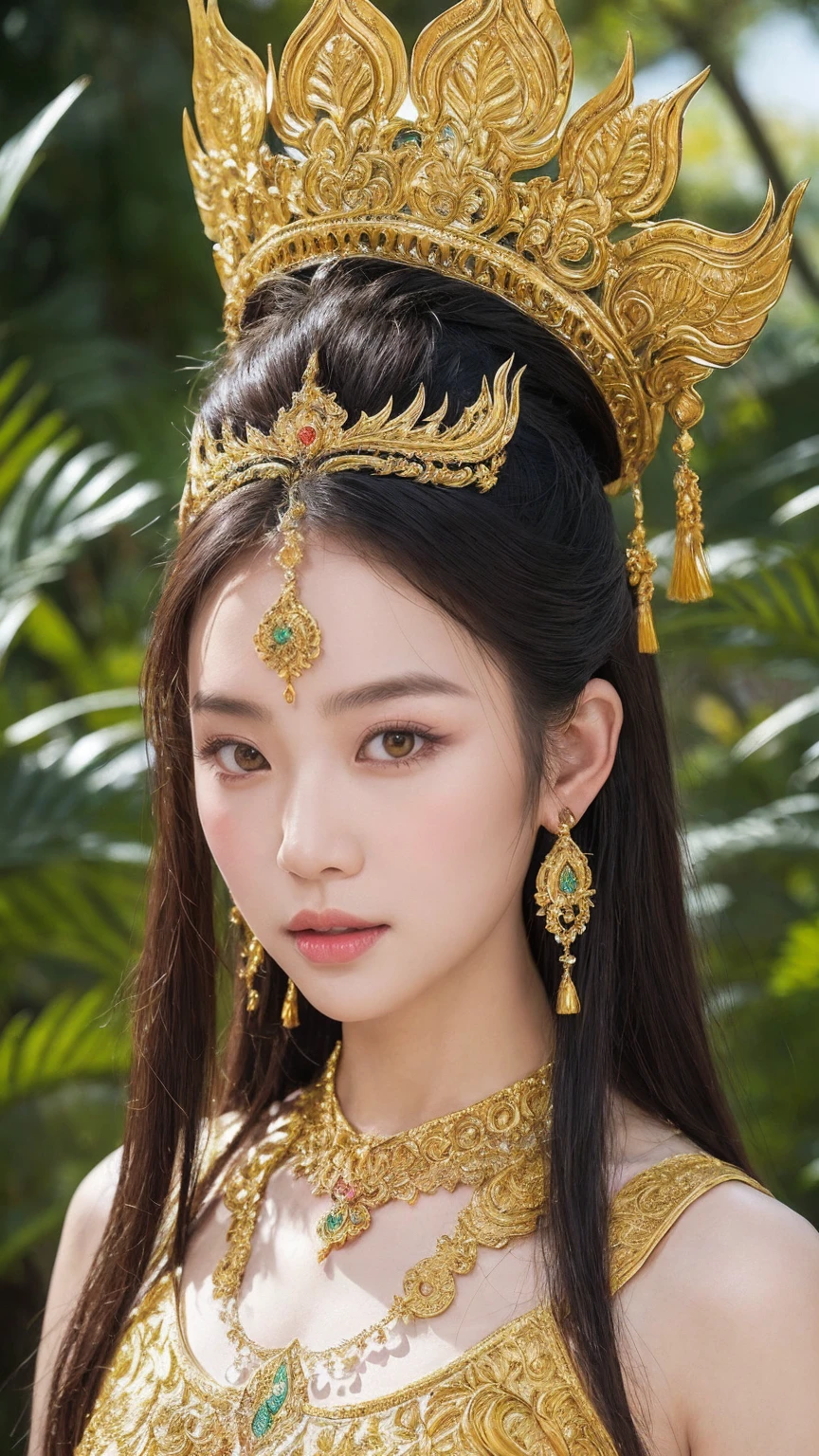 전신 이미지, 여성 오우거의 이미지 만들기 (야크) 태국 서사시 &#39;프라 아파이 마니&#39;에서. 그녀는 우뚝 솟은 인물로 묘사된다., 녹색 피부를 가진 장엄한 인물, 강인하면서도 아름다운 얼굴, 복잡한 금 장신구로 장식된 태국 전통 의상. 그녀의 긴, 흐르는 머리카락은 태국 전통 보석으로 장식되어 있습니다.. 배경이 푸릇푸릇하네요, 이국적인 식물과 꽃이 있는 신화의 숲, 이야기의 매혹적이고 신비로운 분위기를 포착.