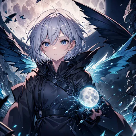 ((((grim reaper　inflammation))))　(((gray hair　short hair　blue eyes　female　close-up)))，((night　full moon　my own big wings))，(wear...