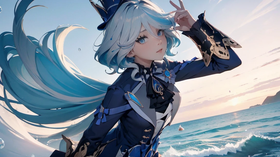 ((top quality, 8 k, masterpiece: 1.3, Ultra HD, high quality, Best quality, A high resolution, Realism)), sharp focus: 1.5, Correct anatomy 1.1., close viewing distance, Beautiful girl with a thin and lean body, , light blue hair, ocean eye color with light gradations, erotic pose, Camera angle from below, leans forward, 