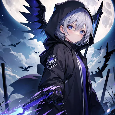 ((((grim Reaper　inflammation))))　(((Gray Hair　Short Hair　blue eyes　female　Close-up)))，((night　full moon　My own big wings))，(Wear...