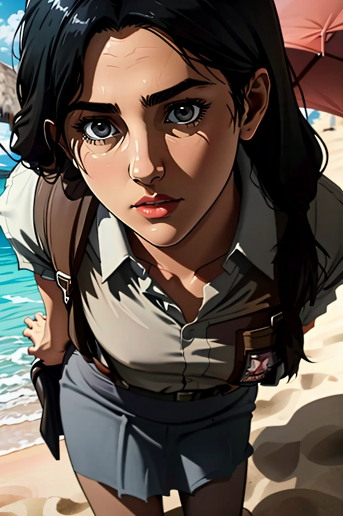 (((Ultra-HD-quality-details))) , 1girl, cewe-sma, from fitting, white shirt, gray skirt, beach, black hair, long hair, Carla Yeager, attack on Titan 