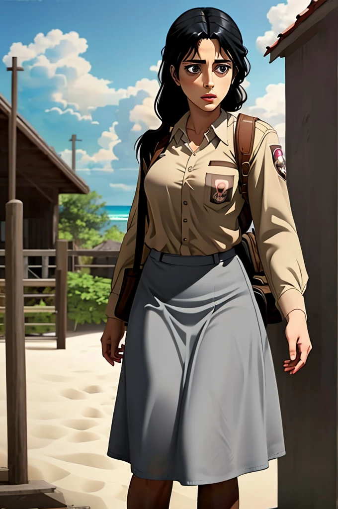 (((Ultra-HD-quality-details))) , 1girl, cewe-sma, from fitting, white shirt, gray skirt, beach, black hair, long hair, Carla Yeager, attack on Titan 