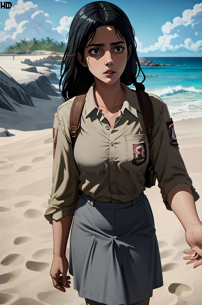 (((Ultra-HD 화질의 디테일))) , 여자 1명, 여고생, 피팅에서, 흰 셔츠, 회색 스커트, 해변, 흑발, 긴 머리, 칼라 예거, 진격의 거인 